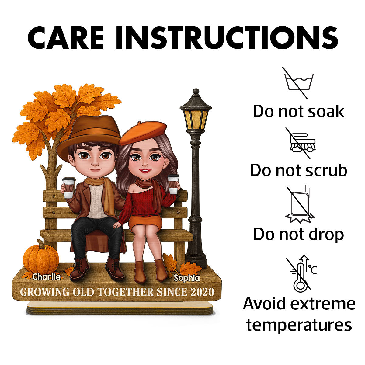 3D Effect Fall Season Couple Sitting On The Bench Personalized 2-Layer Standing Wooden Plaque