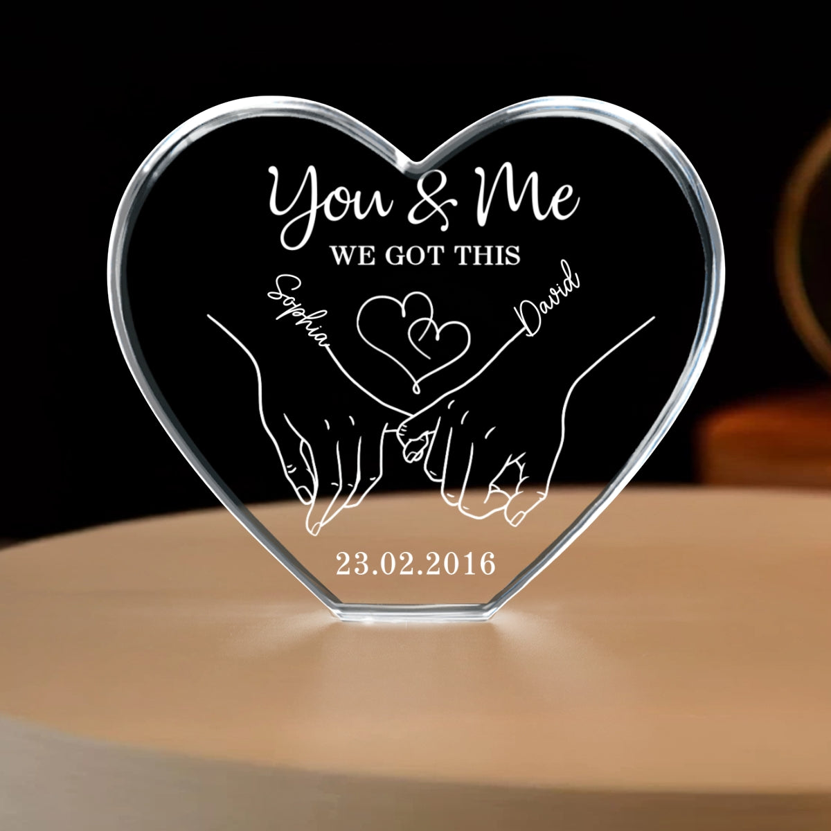 Couple Holding Hands Outline Personalized Premium Crystal Heart LED, Valentines Day Gift, Anniversary Gift for Him, for Her