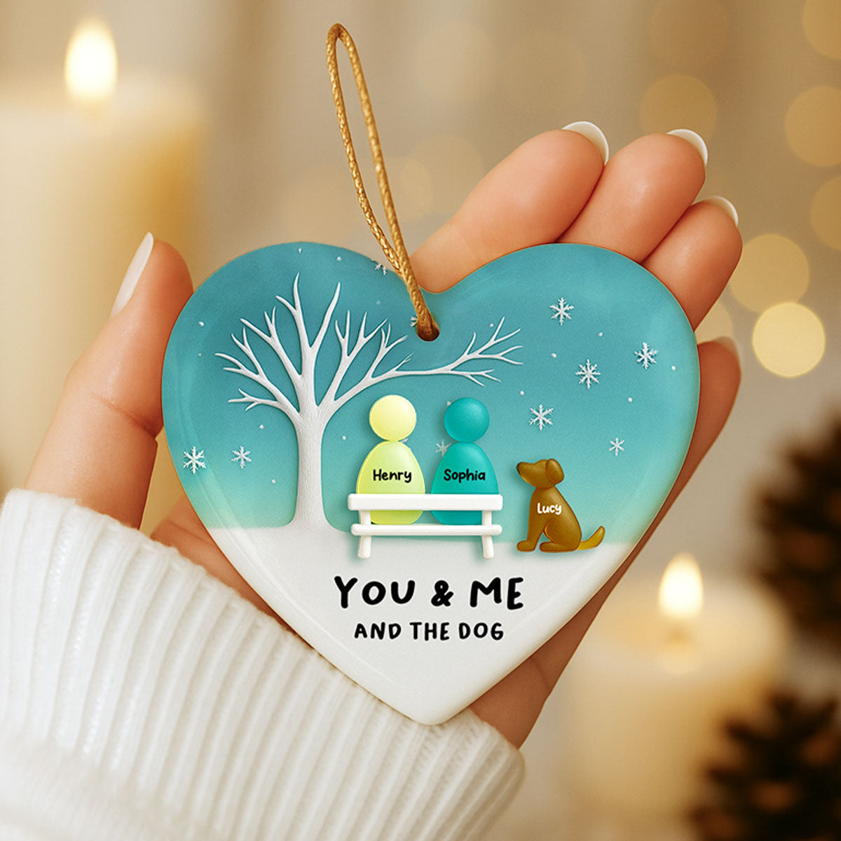 3D Effect Sea Glass Couple & the Dogs - Personalized Ceramic Ornament with Acrylic - Christmas Gift for him, Gift for her