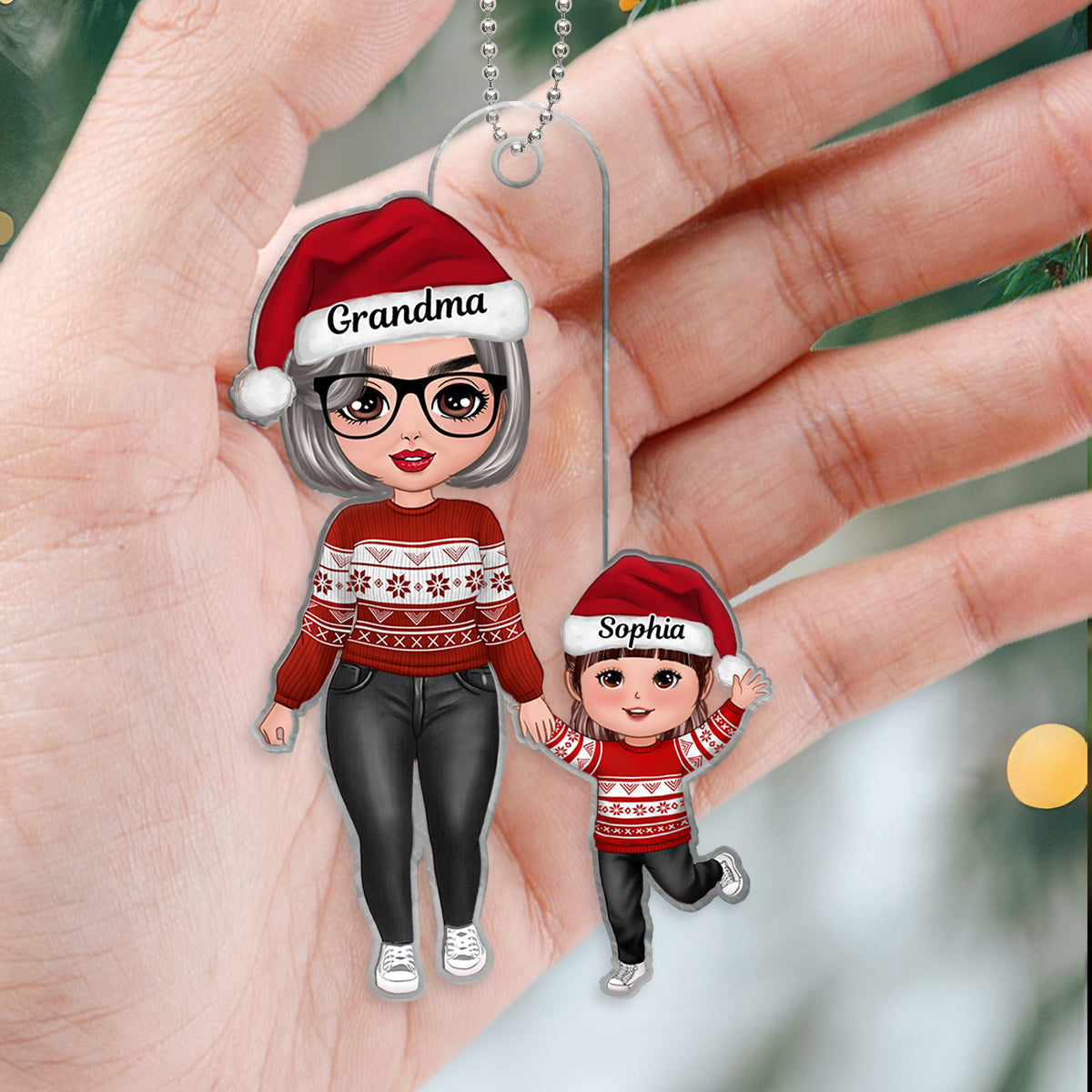Doll Grandma And Granddaughter Grandson Walking Christmas Personalized Acrylic Ornament