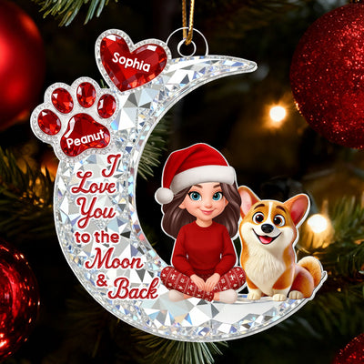 3D Effect Flat Woman And Dog Cat On Moon - Personalized Acrylic Ornament - Christmas Gift For Dog, Cat Lovers