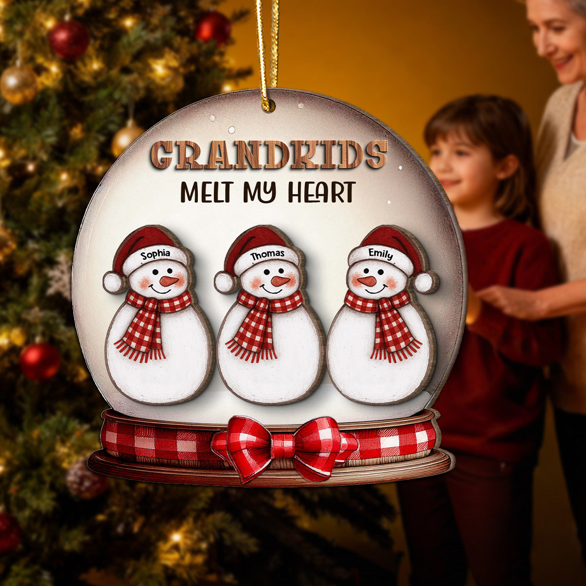 Grandkids Melt Our Hearts Folk Art Snowman - Personalized 2-Layer Wooden Ornament - Christmas Decor