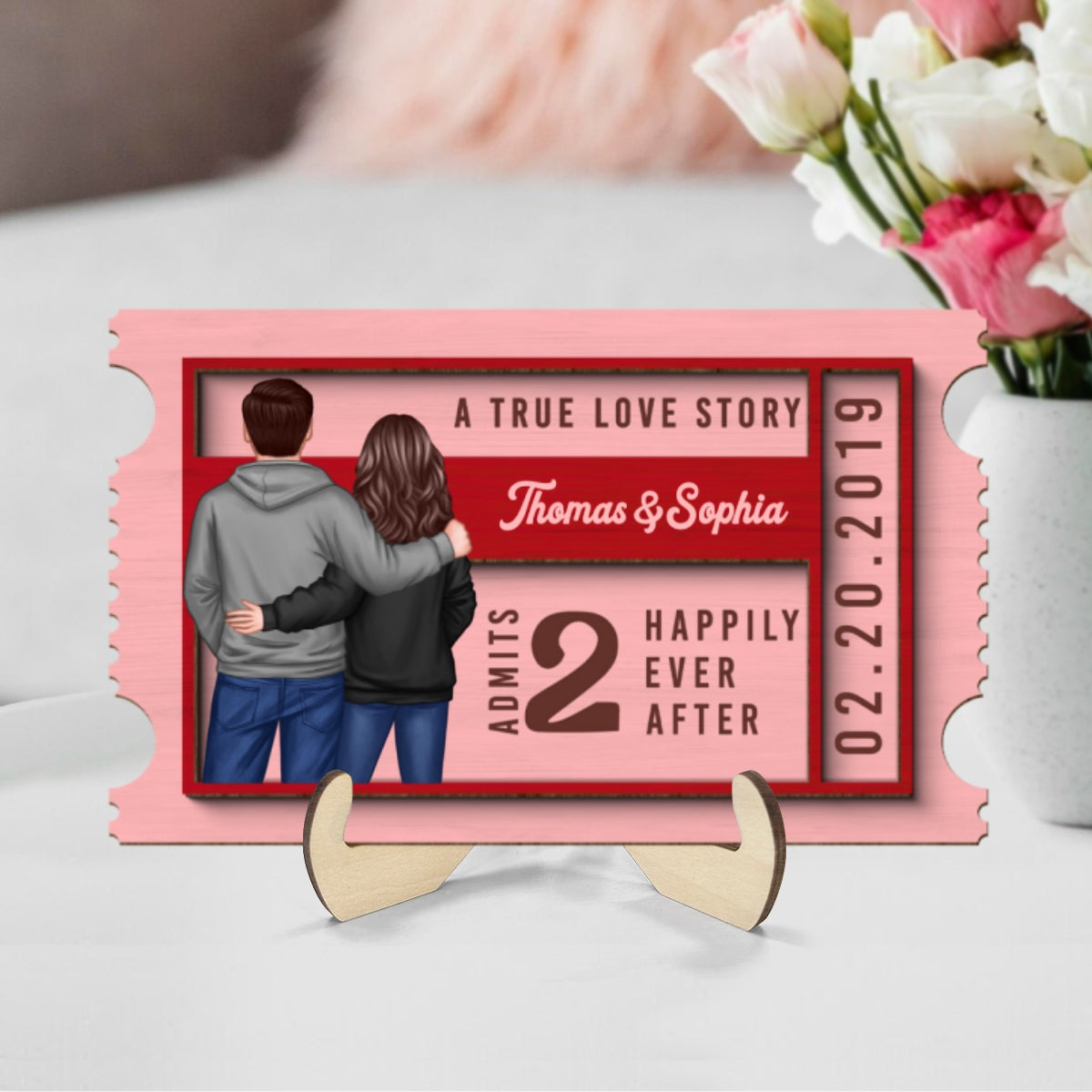 Couple True Love Story Ticket Personalized 2-Layer Wooden Plaque