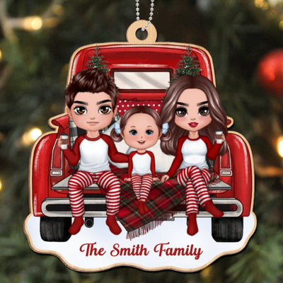 Christmas Doll Family Red Truck Back View Personalized Wooden Ornament