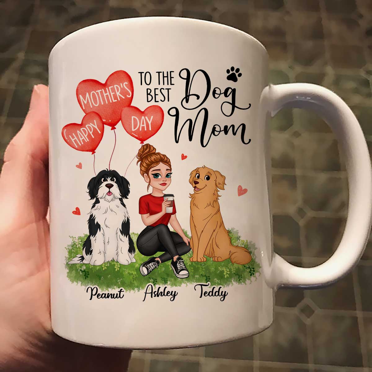 Happy Mother‘s Day Dog Mom Pretty Cartoon Woman Sitting Dogs Hearts Personalized Mug