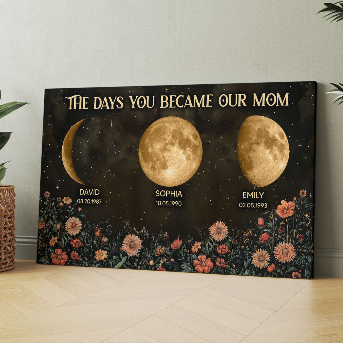 Vintage Flowers The Day You Become Mom Grandma Custom Birth Moon Phase Personalized Canvas Prints