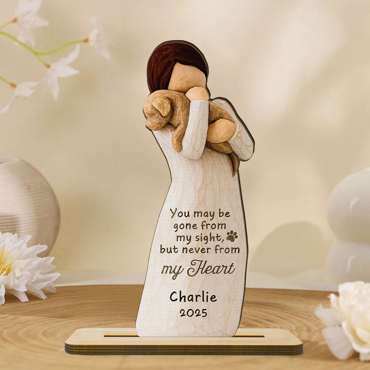 Until We Meet At Rainbow Bridge Woman & Dog 3D Effect Personalized Standing Wooden Plaque, Memorial Sympathy Gift
