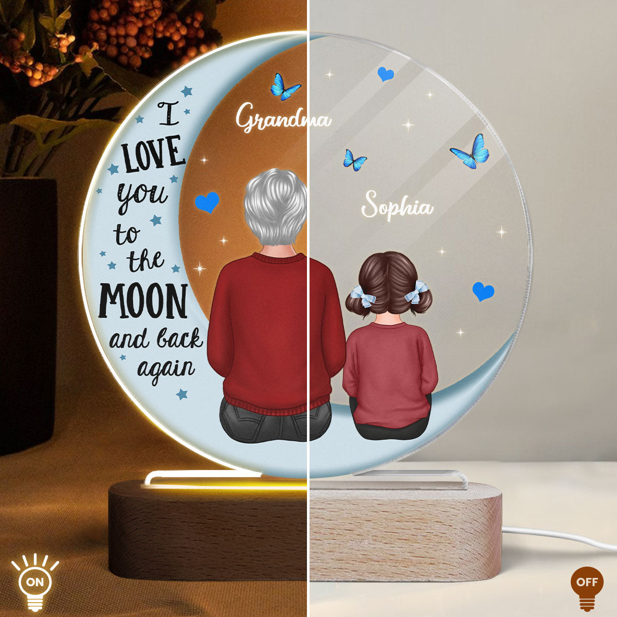 Grandma Grandkids Blue Moon - Personalized Acrylic Block/ Plaque LED Night Light - Gift For Grandma