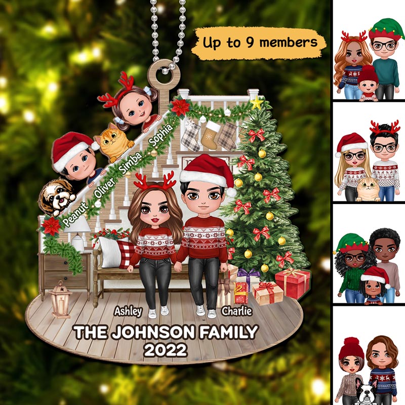 Doll Couple Standing And Kids Personalized Wooden Ornament