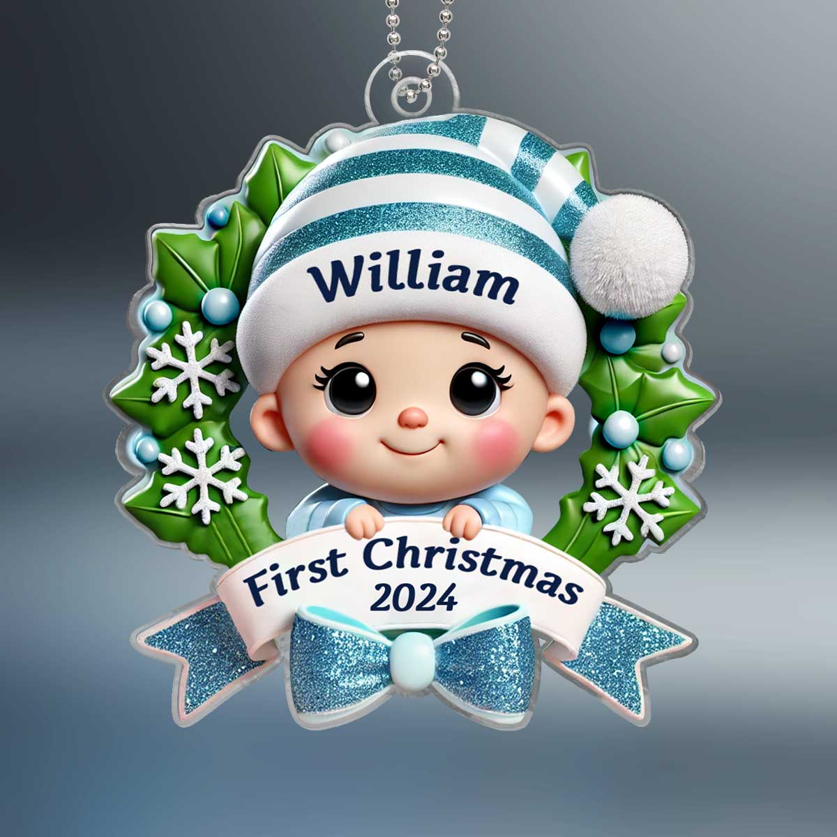 Baby's First Christmas Personalized Custom Shaped Acrylic Ornament, Baby In Christmas Wreath, Christmas in July