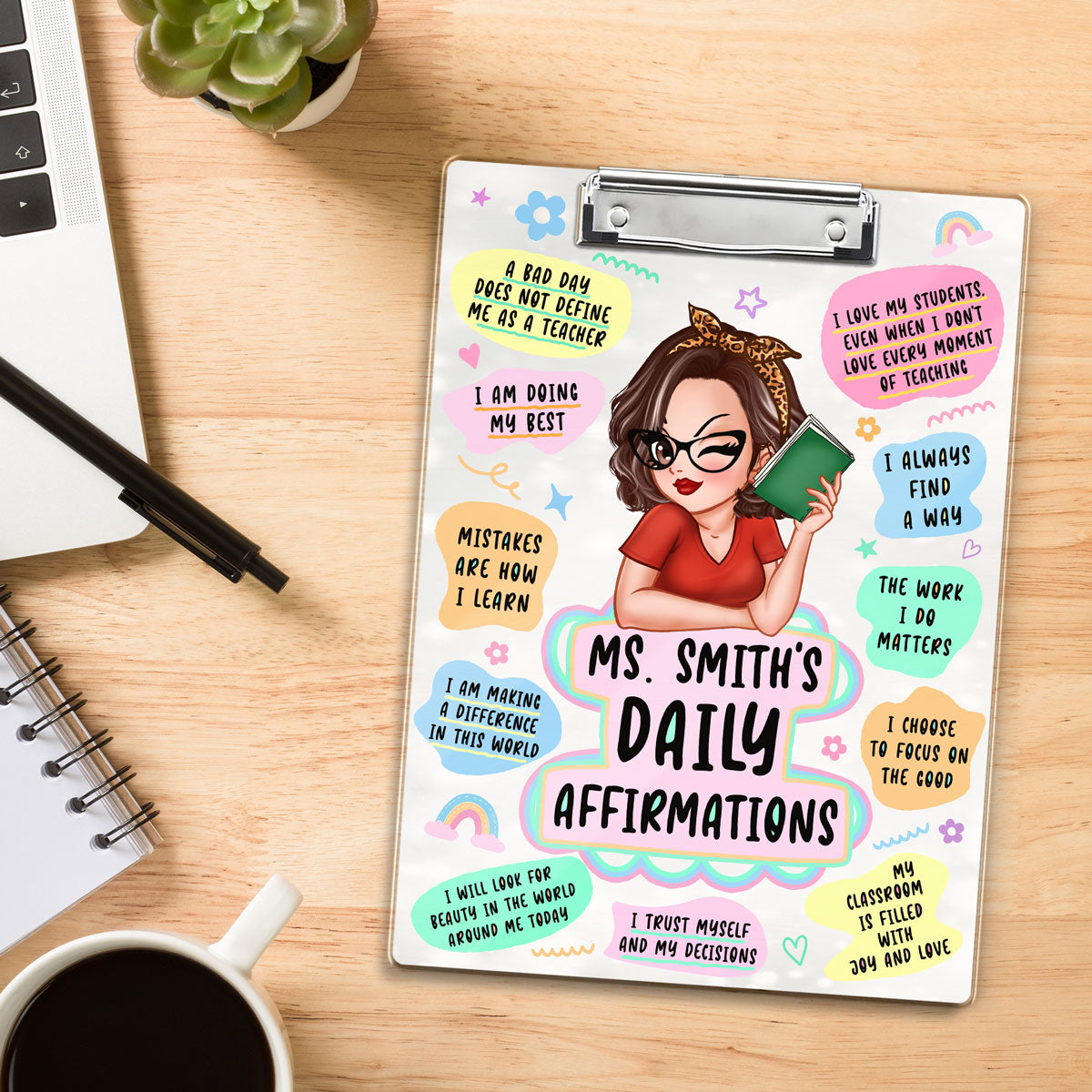 Teacher Daily Affirmations Colorful Teacher Appreciation Gift Personalized Clipboard