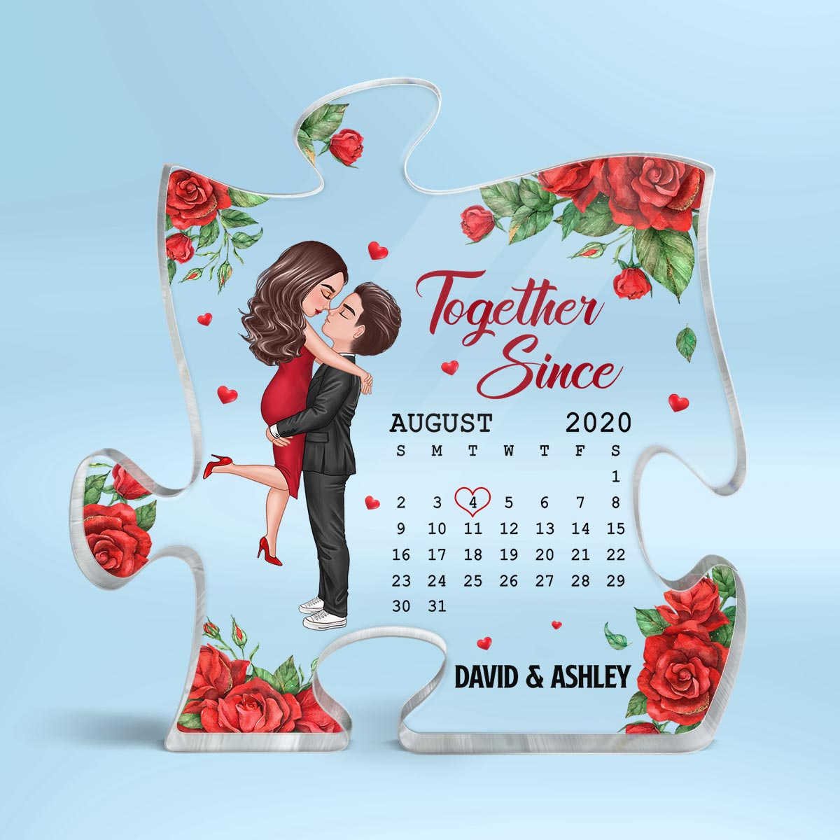 Rose Pattern Doll Couple Hugging Kissing Calendar Anniversary Date Gift For Him For Her Personalized Puzzle Acrylic Plaque