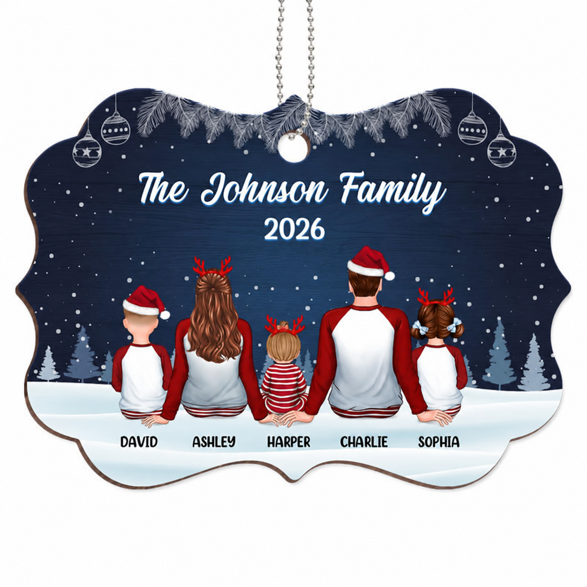Christmas Night Pajamas Family Sitting Personalized Wooden Ornament