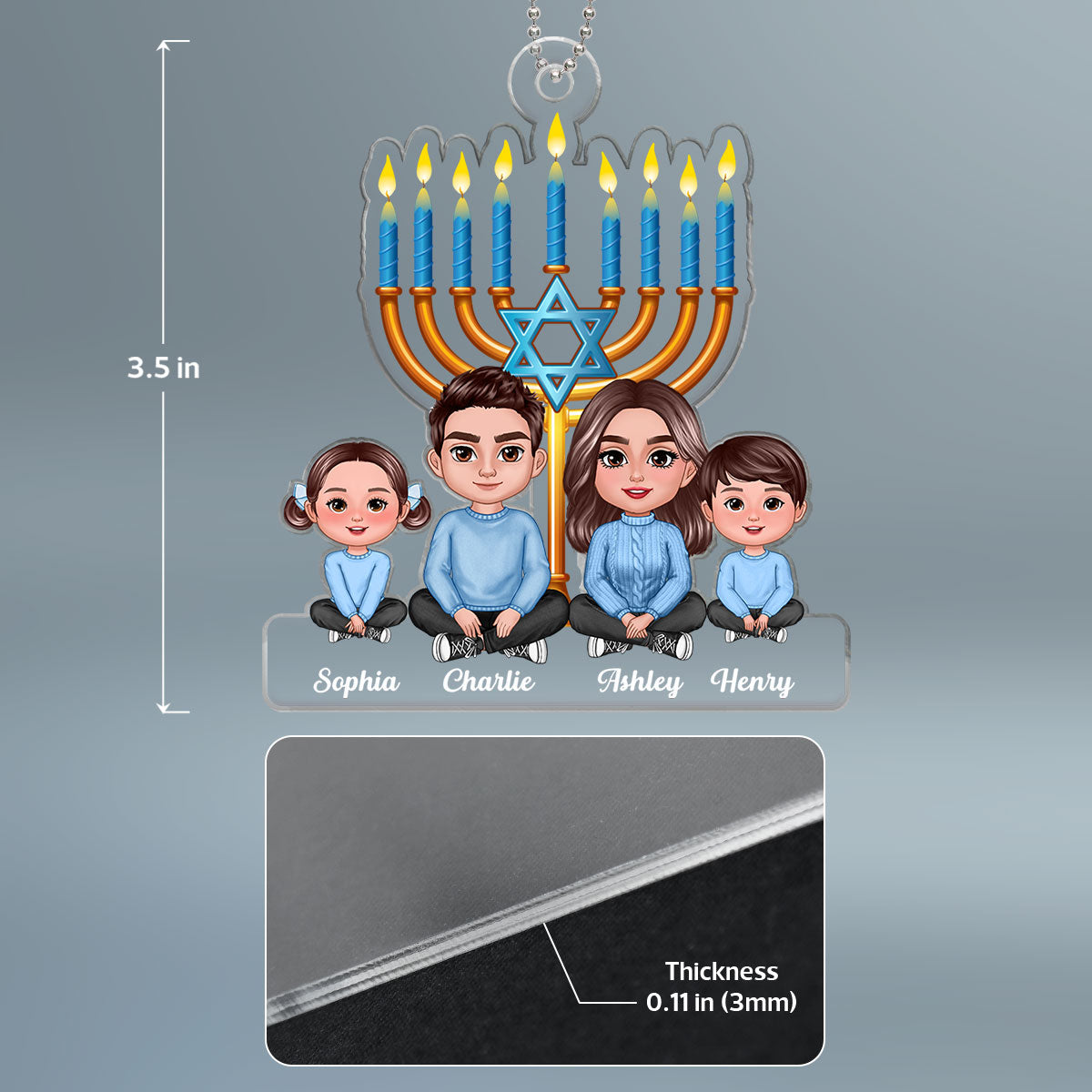 Family Crossed Legs Sitting Under Lights of Menorah Hanukkah 2023 Personalized Acrylic Ornament