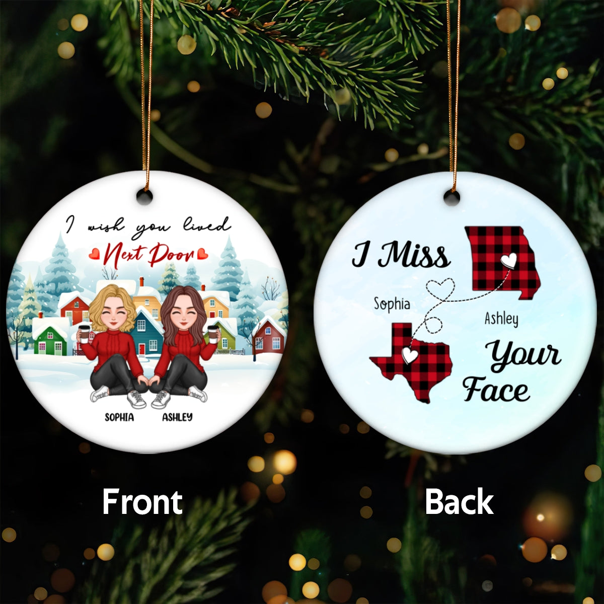 Wish You Live Next Door Cute Besties Long Distance Gift Personalized Double Sided Circle Ornament