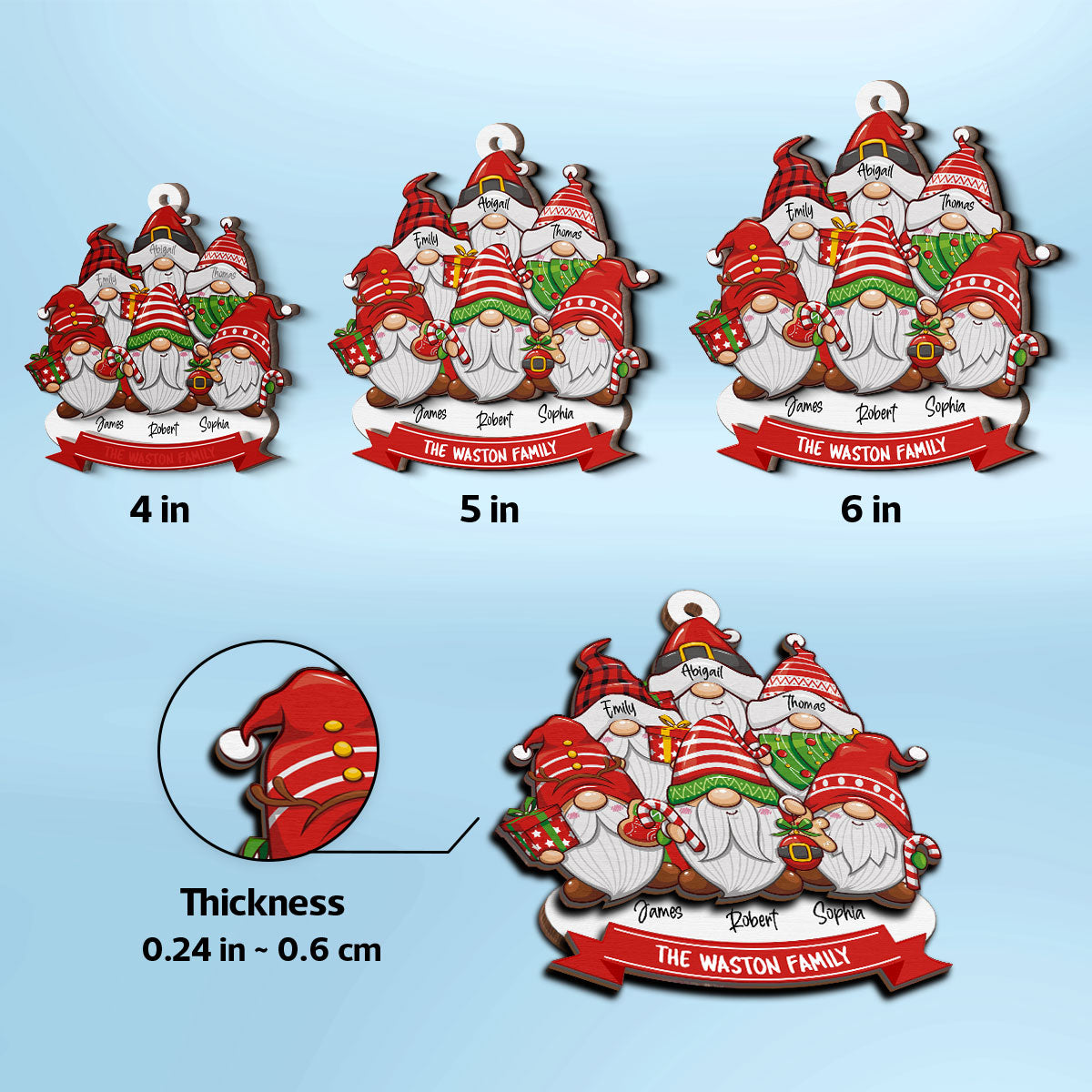 Christmas Gnome Family Personalized 2-Layer Wooden Ornament