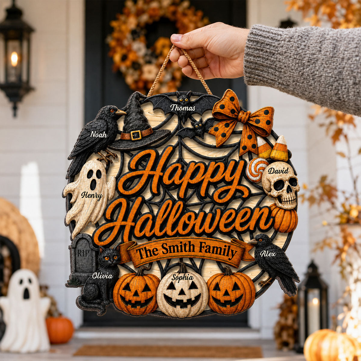 Halloween Wreath Ghost Pumpkin - Personalized Wood Sign - Happy Halloween Sign for Porch Window Door