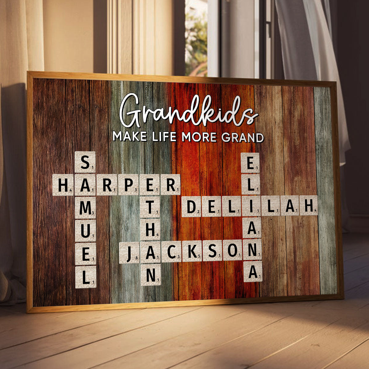 Grandkids Make Life More Grand Colorful Palette Crossword Puzzle Art Personalized Poster | Heartfelt Gift For Grandparents, Grandma, Grandpa | Home Decor for Grandparents' House