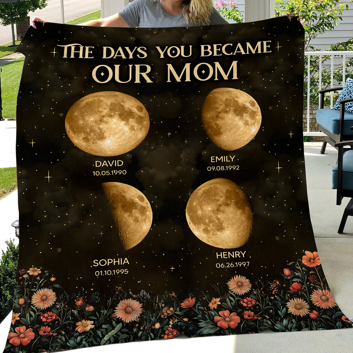 Vintage Flowers The Day You Become Mom Grandma Custom Birth Moon Phase Personalized Fleece Blanket