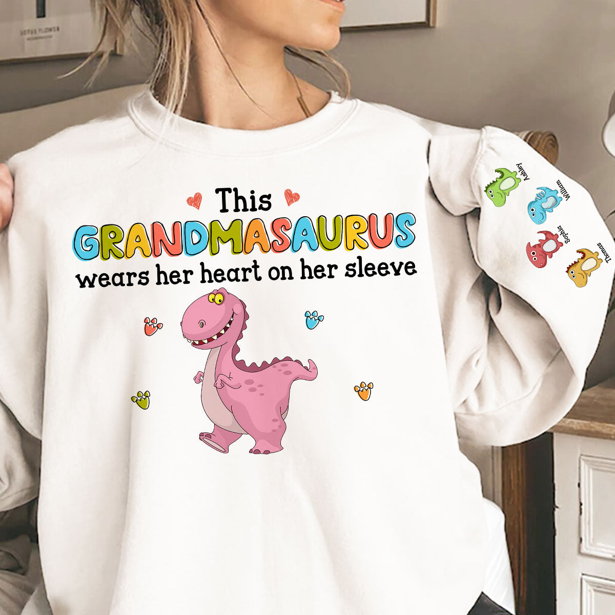 This Grandmasaurus Wears Her Heart On Her Sleeve Personalized Sleeve Printed Sweatshirt