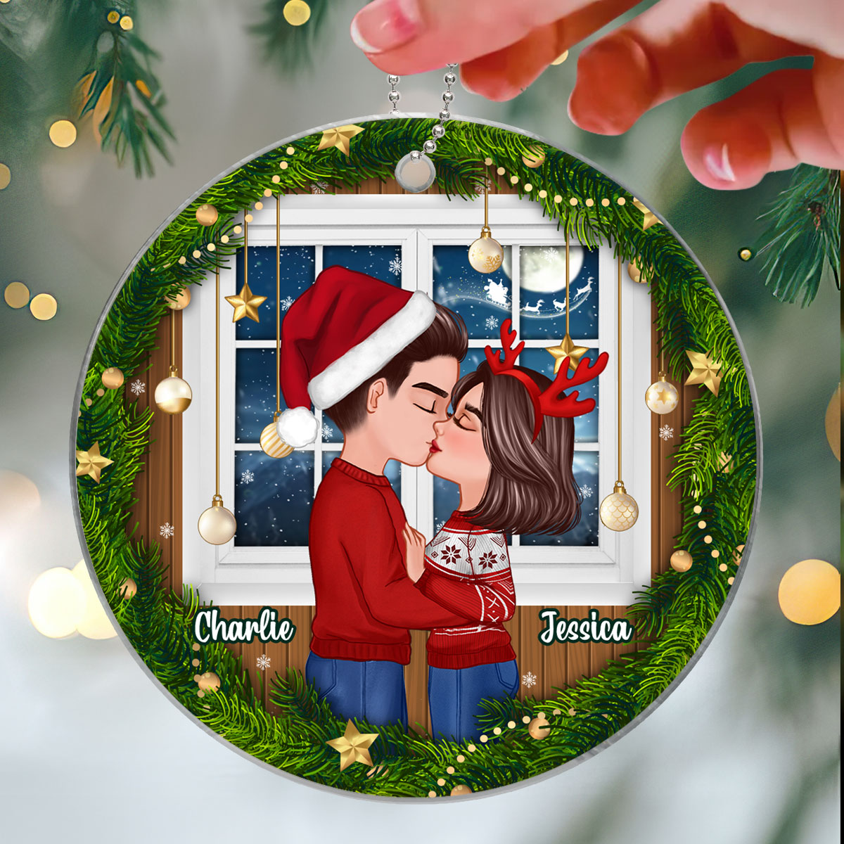 Couple Kissing By The Window Christmas Personalized Acrylic Ornament