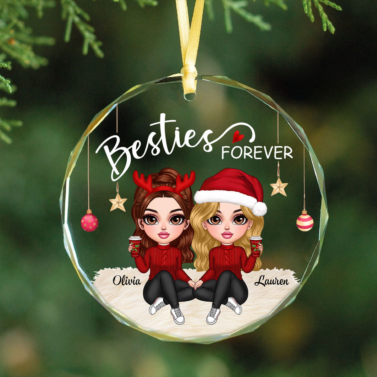 Besties Forever Y2K Best Friends Personalized Glass Ornament, Friendship Christmas Gift