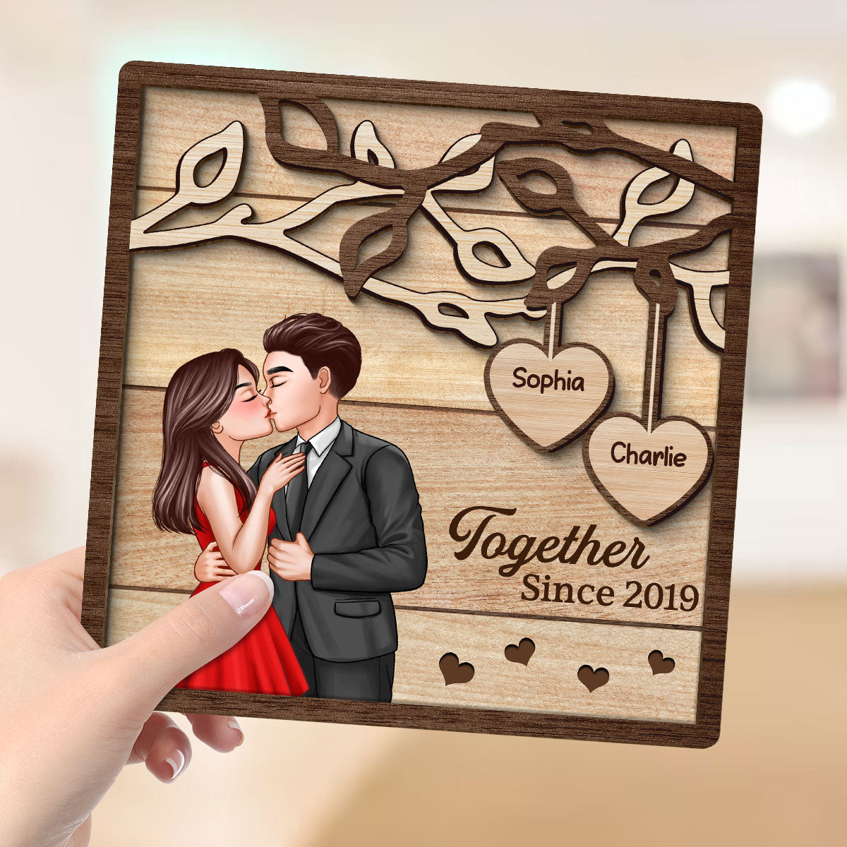 Couple Kissing Under Tree Elegant Couple Personalized 2-Layer Wooden Plaque