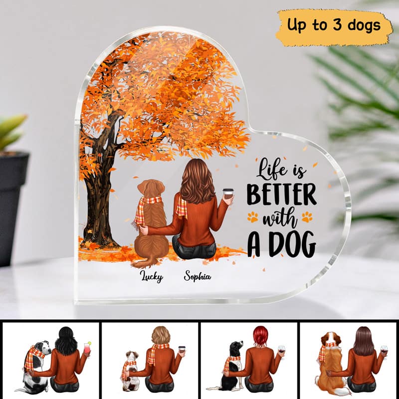 Fall Season Life Is Better With Dogs Personalized Acrylic Heart Plaque