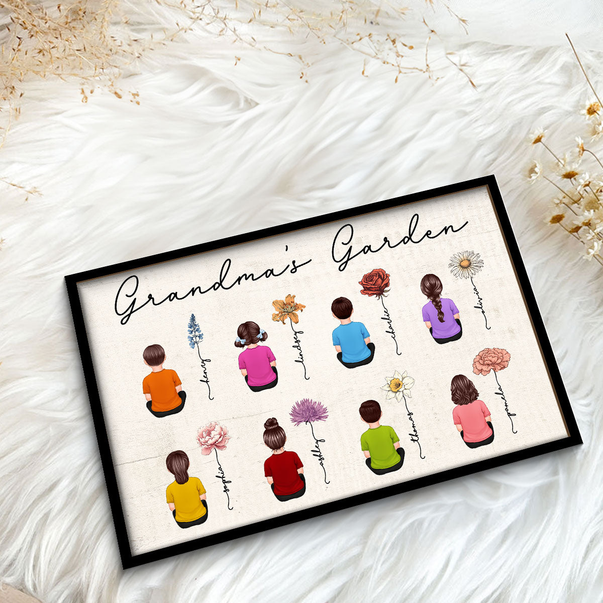 Grandkids Sitting Grandma Garden Vintage Birth Month Flowers Mother‘s Day Gift Personalized 2-Layer Wooden Plaque