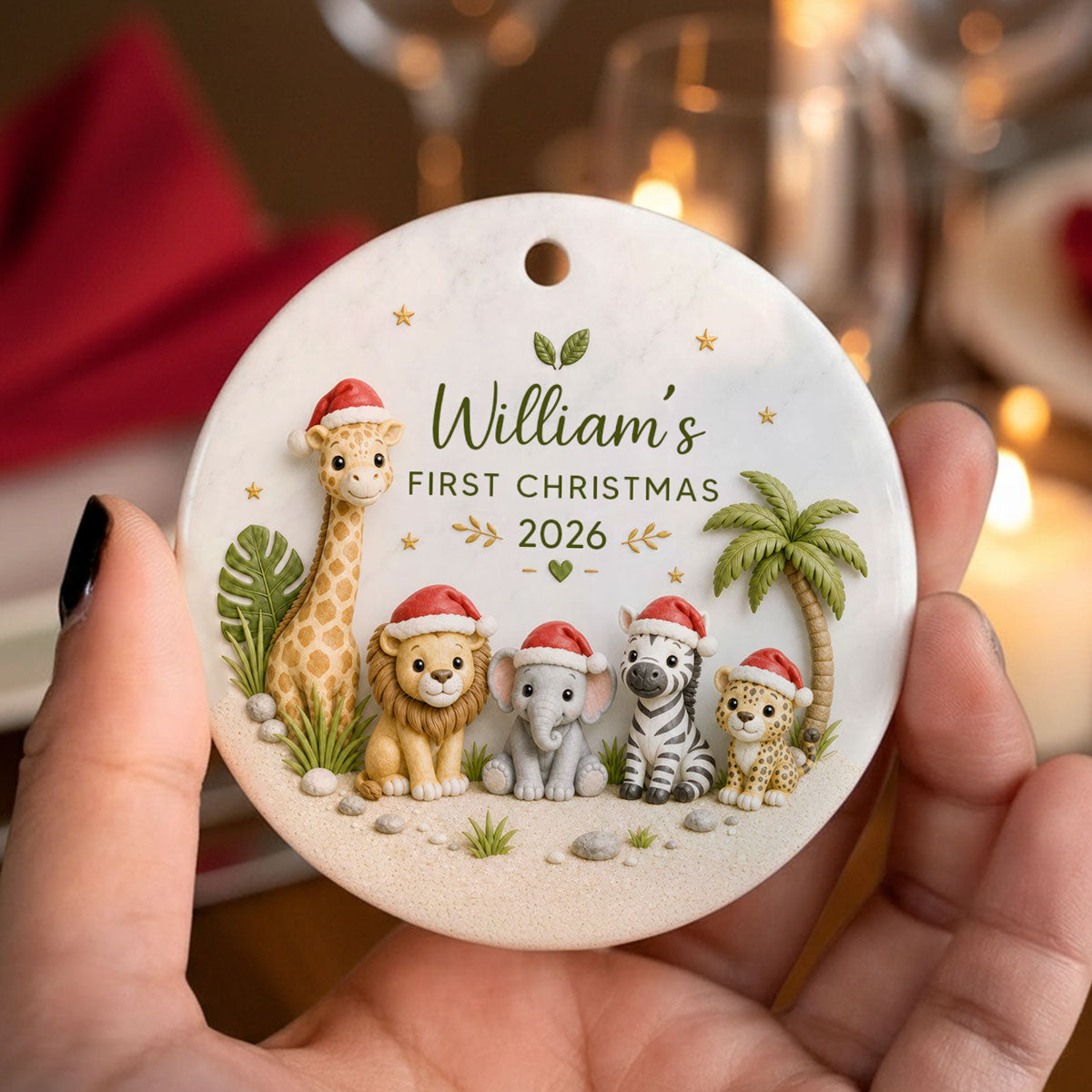 Baby’s First Christmas Safari Animals 2D Flat - Personalized Ceramic Ornament - Christmas Keepsake