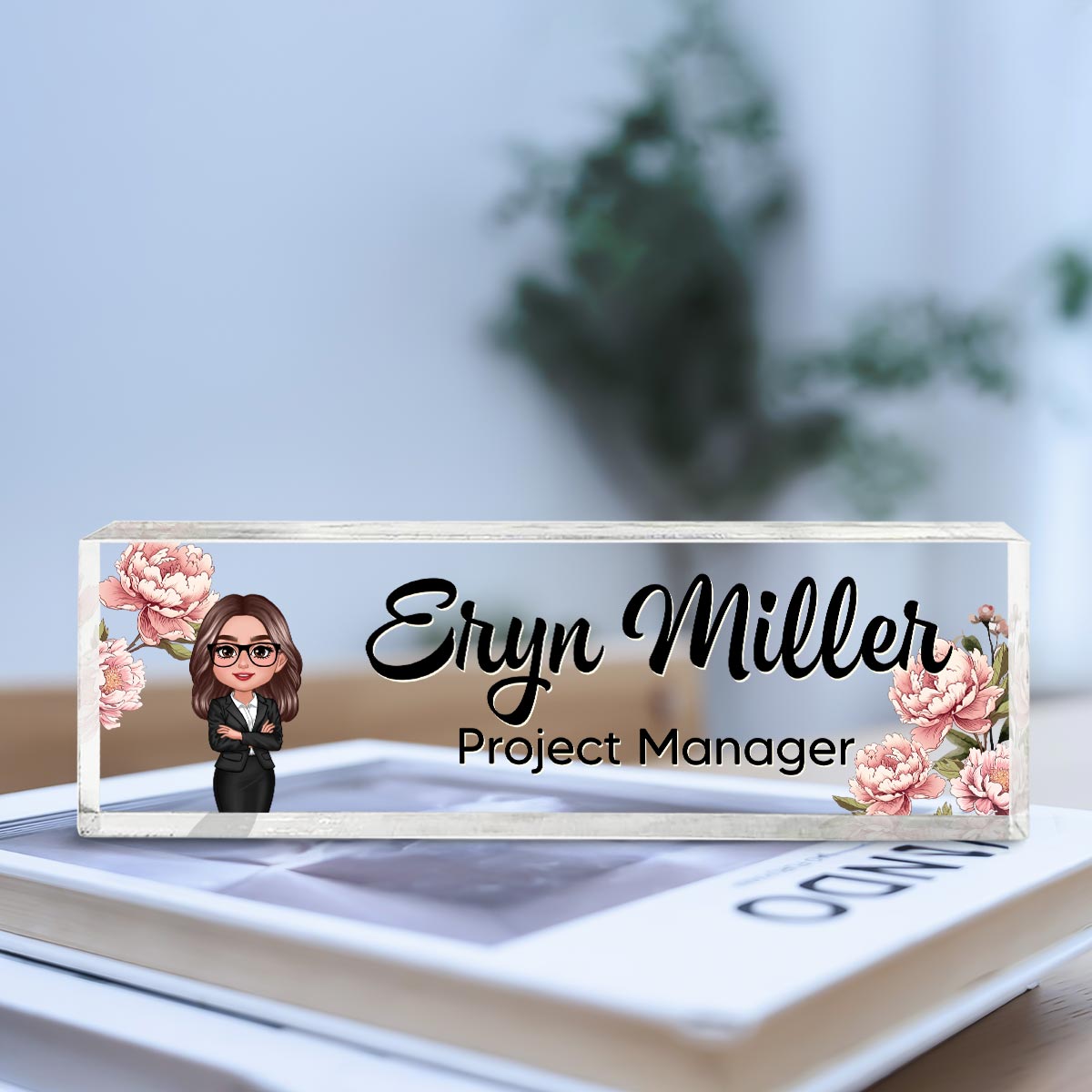 Birth Month Flower Office Personalized Acrylic Desk Name Plate, Office Desk Decor, Gift For Colleagues, Coworkers, Boss