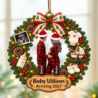 Expecting Baby Christmas Wreath - Personalized Acrylic Ornament - Pregnancy Announcement, Christmas Gift For Wife, Daughter