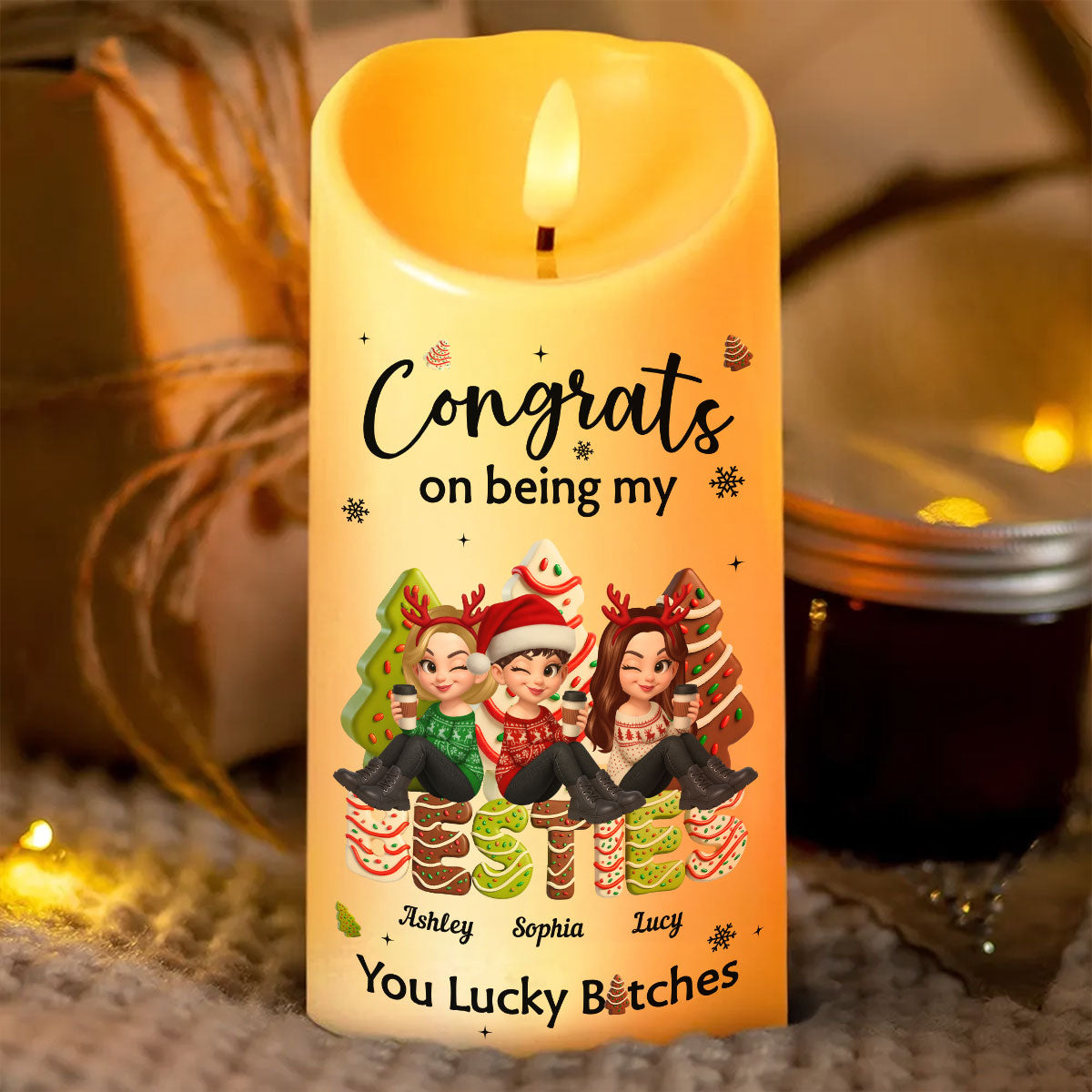 Congrats On Being My Besties Sisters Christmas Tree Cake Personalized LED Candle, Christmas gift for Besties Sisters