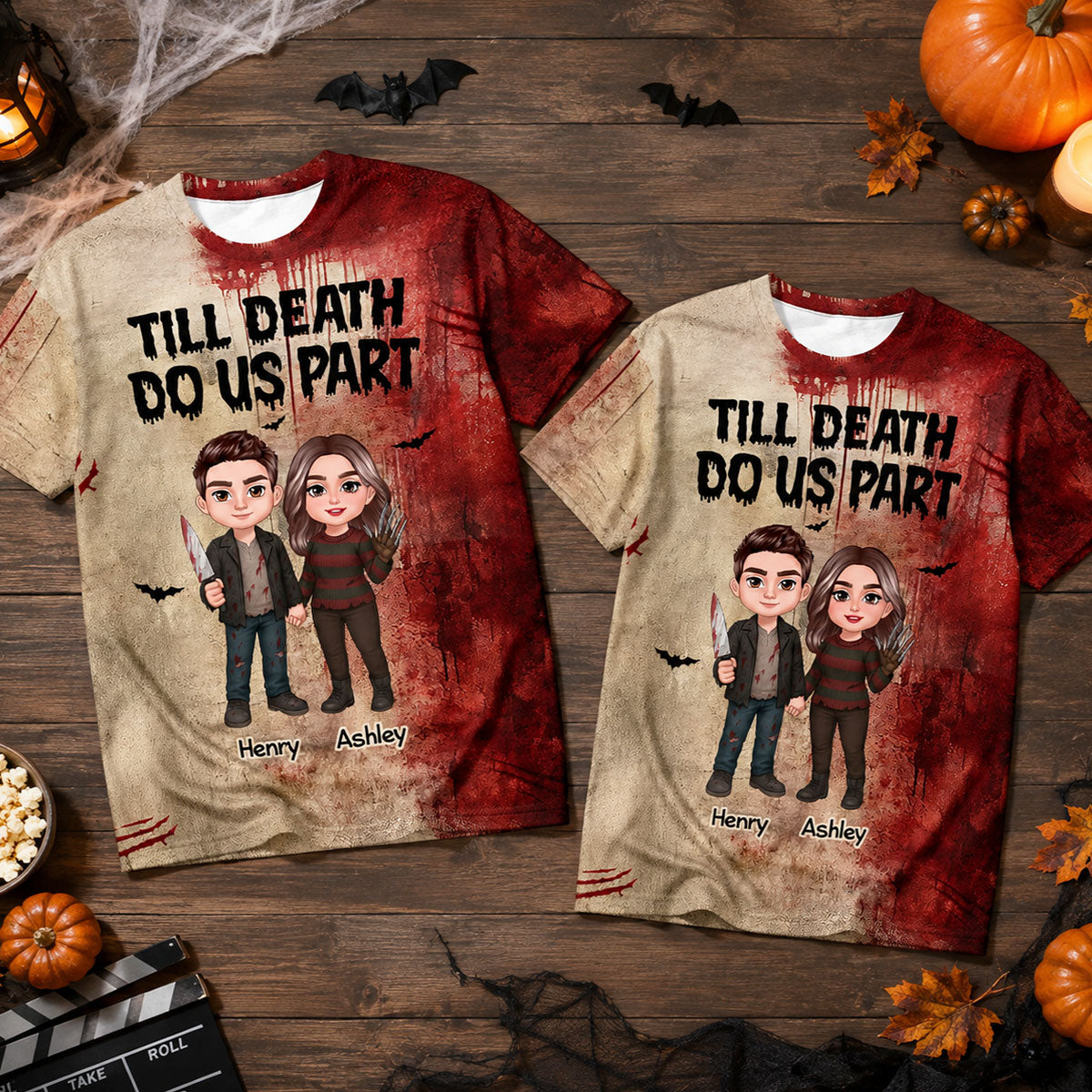 Halloween Horror Theme Couple Till Death Do Us Part - Personalized Shirt - Halloween Matching Shirts For Couple