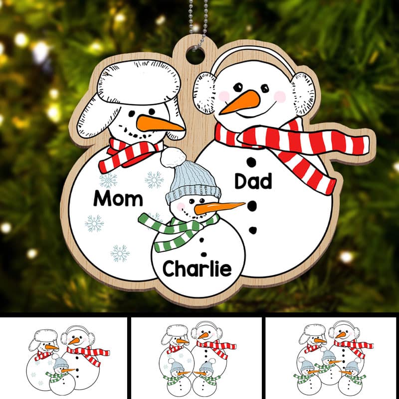 Grandparents Dad Mom Kids Snowman Personalized Wooden Ornament