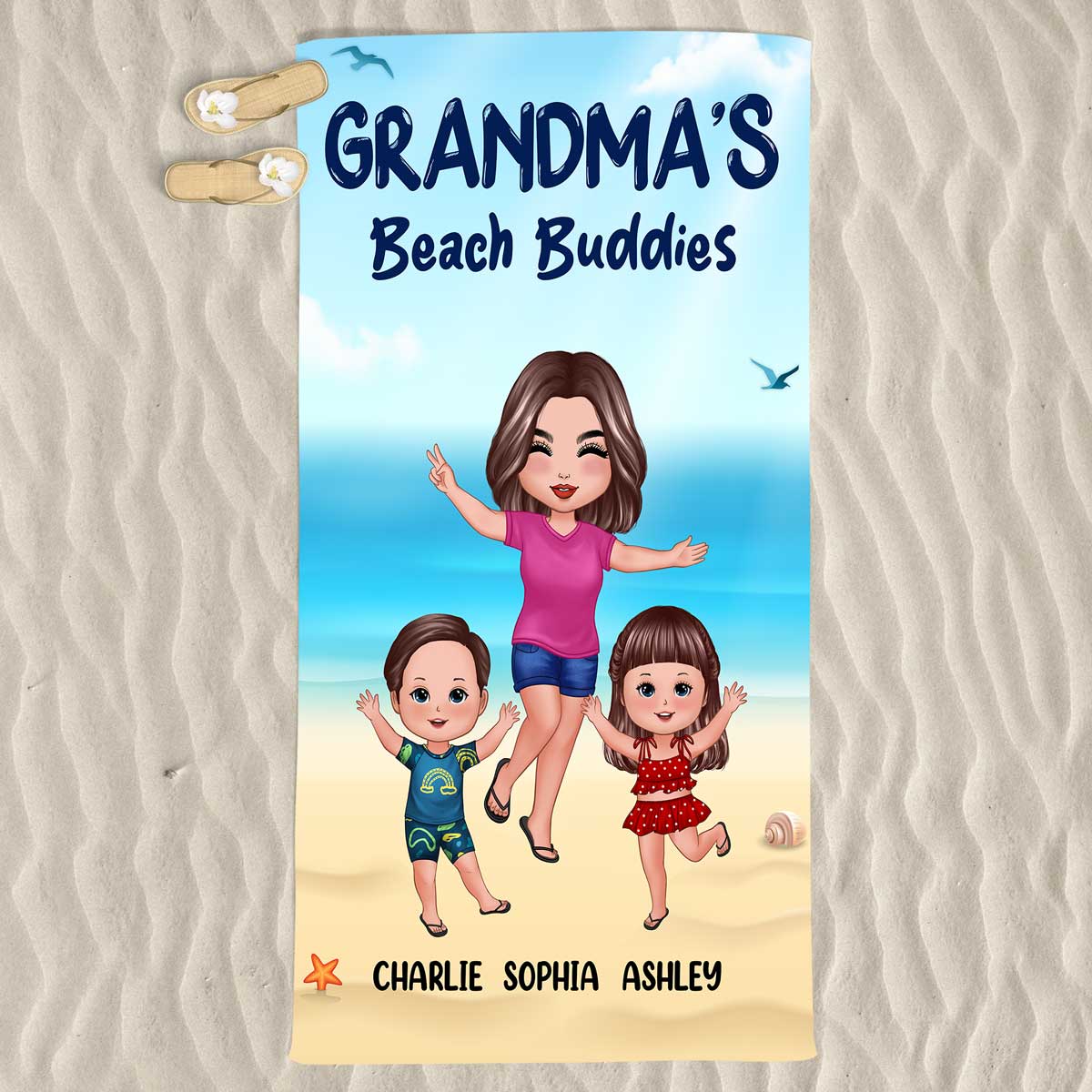 Grandma Mom Beach Buddies Happy Doll Grandma Mom And Kids On The Beach Personalized Beach Towel