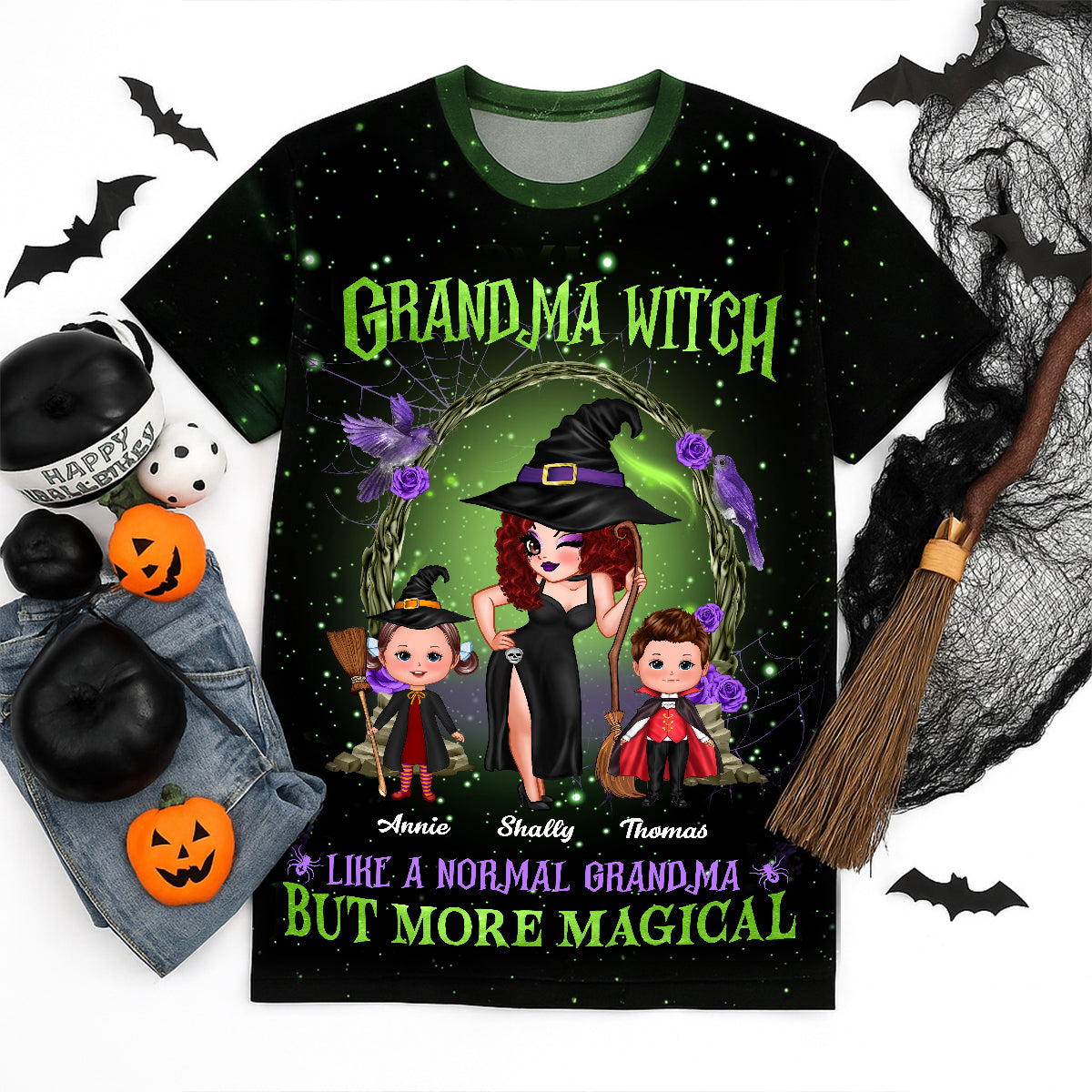 Purple And Green Pretty Grandma Witch & Kids Personalized Shirt, Halloween Costume for Grandma
