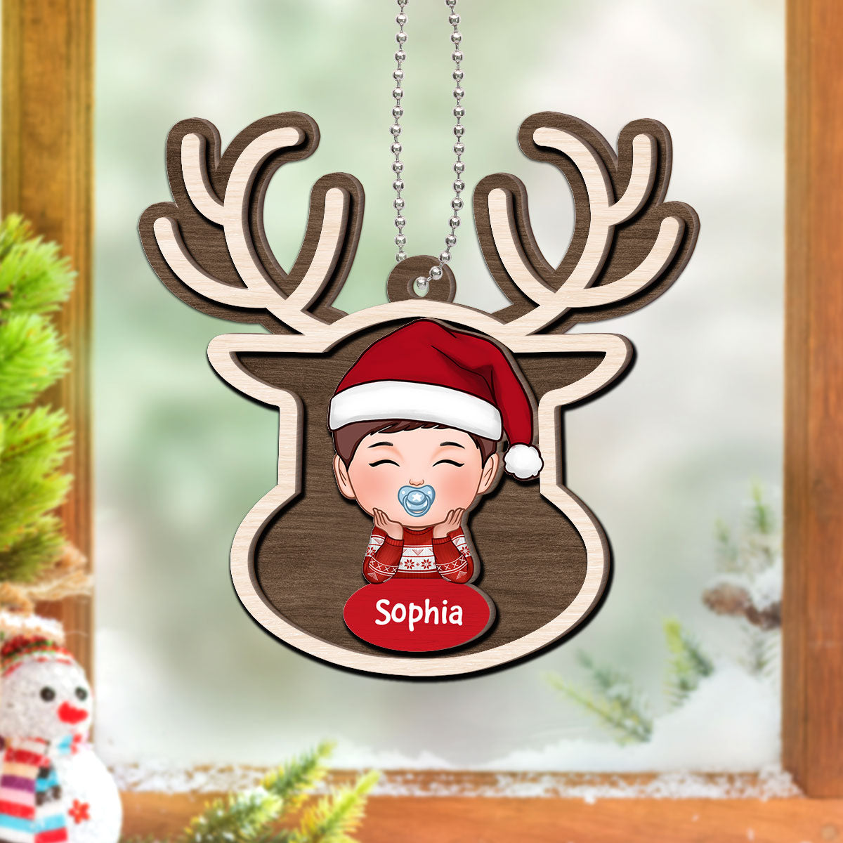 Reindeer Baby Christmas Personalized 2-Layer Wooden Ornament