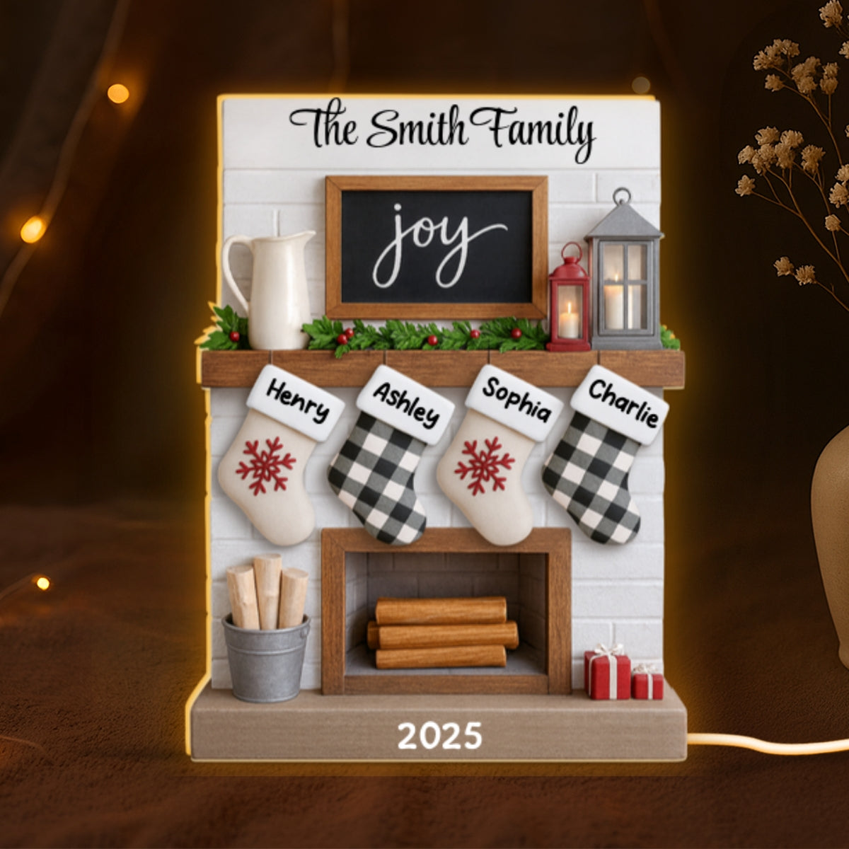 2025 Large Family Fireplace Mantle Tree Home Stocking Stuffer Christmas Gift Personalized LED Light Box