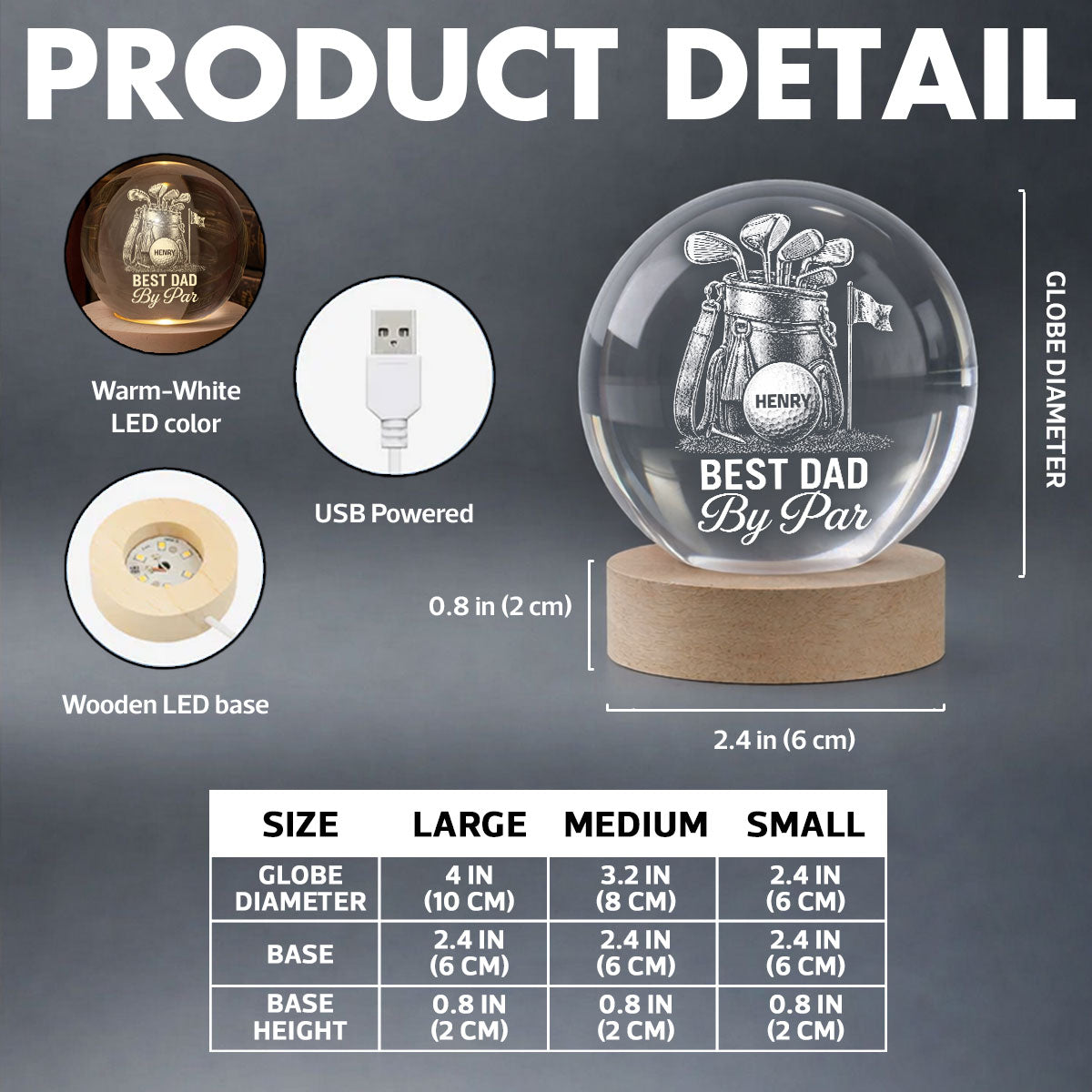 Best Dad By Par Golf Dad - Personalized Crystal Ball LED Night Light - Father's Day Gift For Dad, Golf Lover