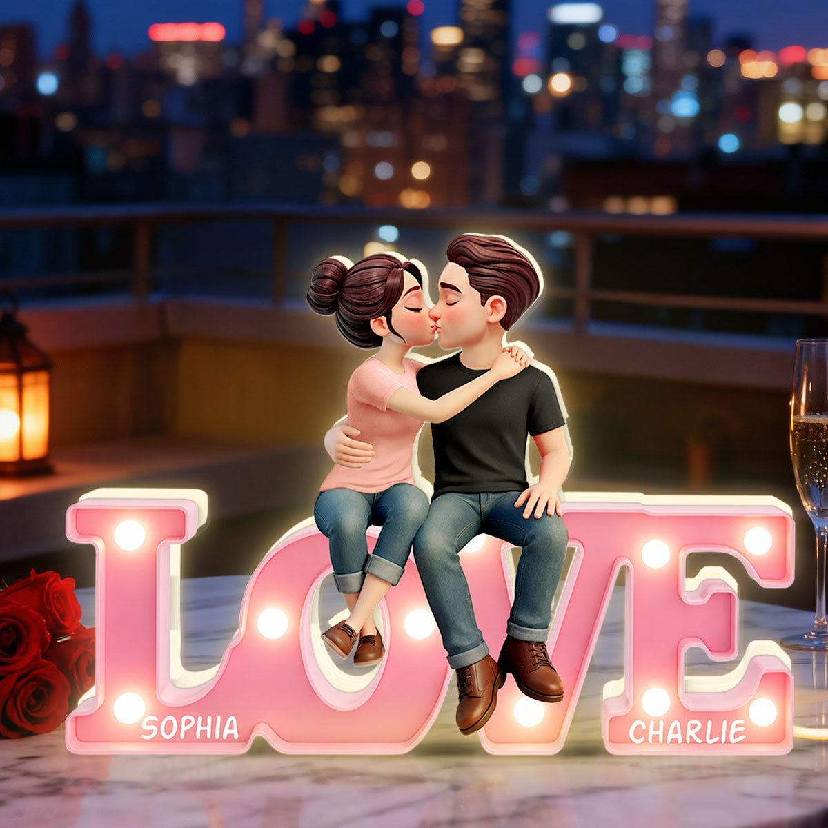 Everlasting LOVE Couple Sitting Kissing - Personalized Light Box - Valentine's Day Gift For Couple, For Him, For Her