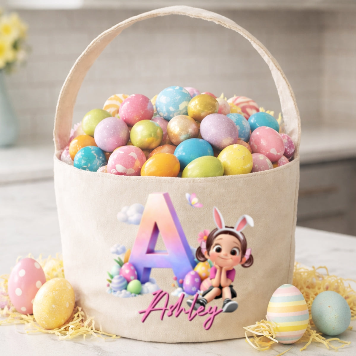 Kids Sitting With Initial Letters Easter Egg Hunt Bag - Personalized Bucket Bag - Gift For Kids, Grandkids, Easter Gift
