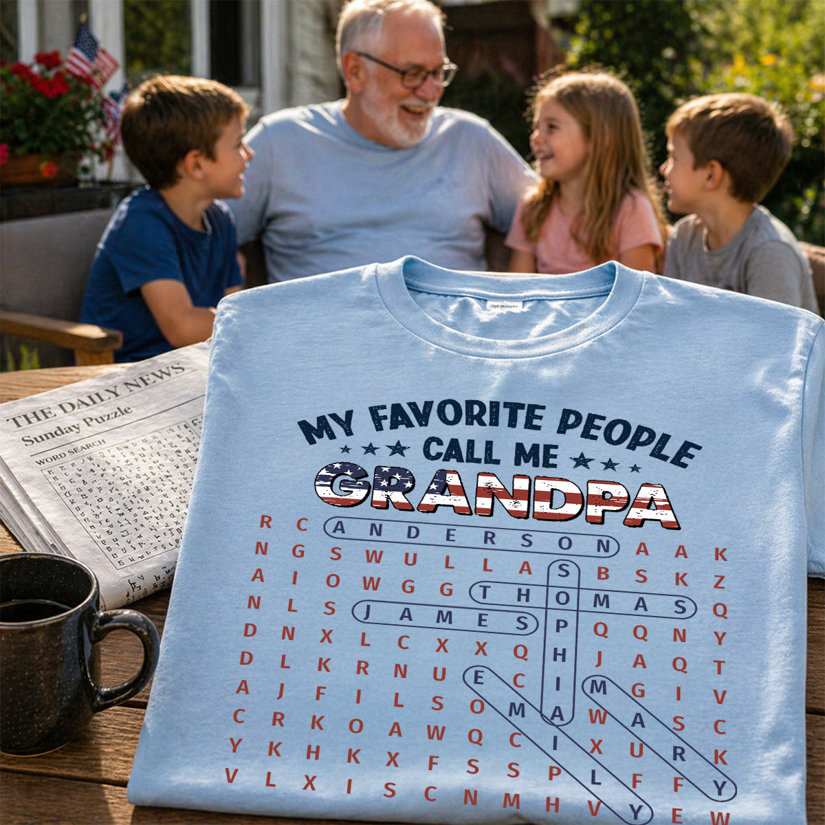 Grandpa's Favorite People Word Search Puzzle American Flag Theme - Personalized Shirt - Father's Day Gift For Grandpa, Dad