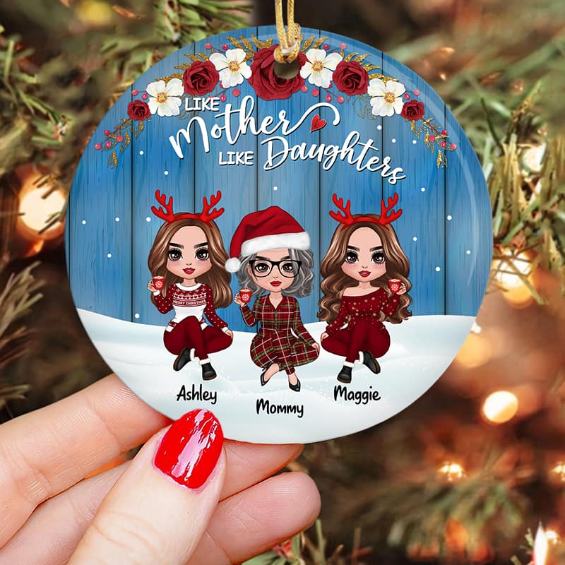 Red Floral Frame Mother Daughters Personalized Circle Ornament