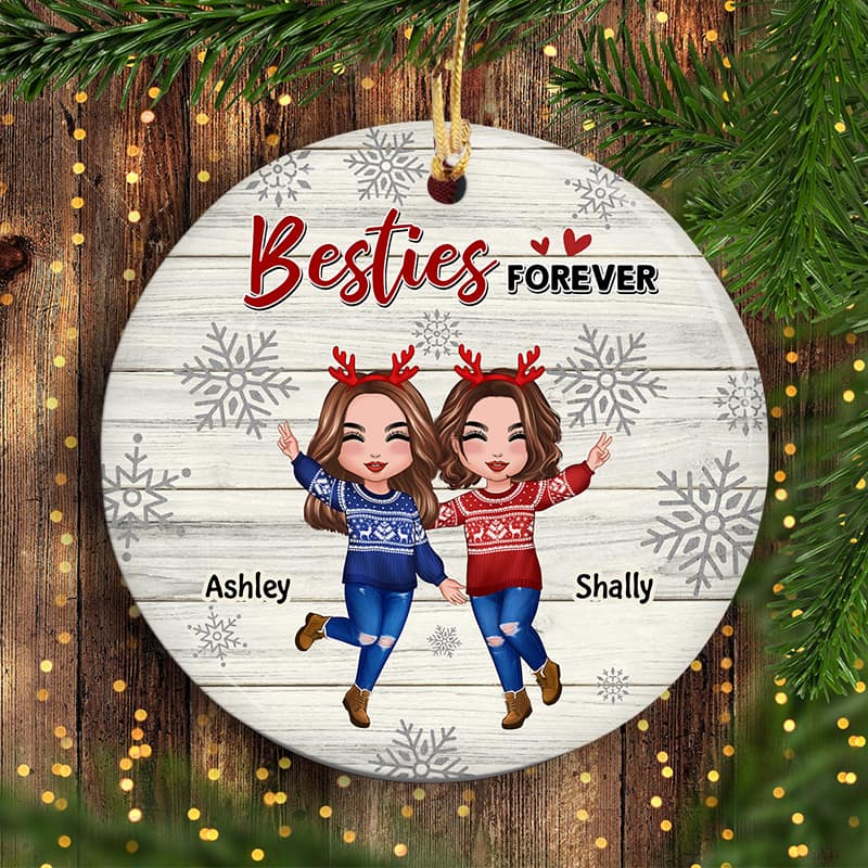 Best Friends Sisters Snowflakes Stripe Personalized Circle Ornament