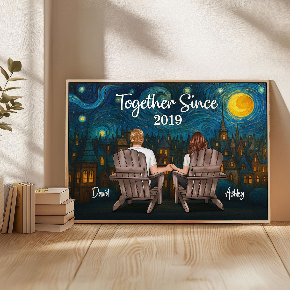 Couple Sitting Back View Night Sky Art Personalized Poster