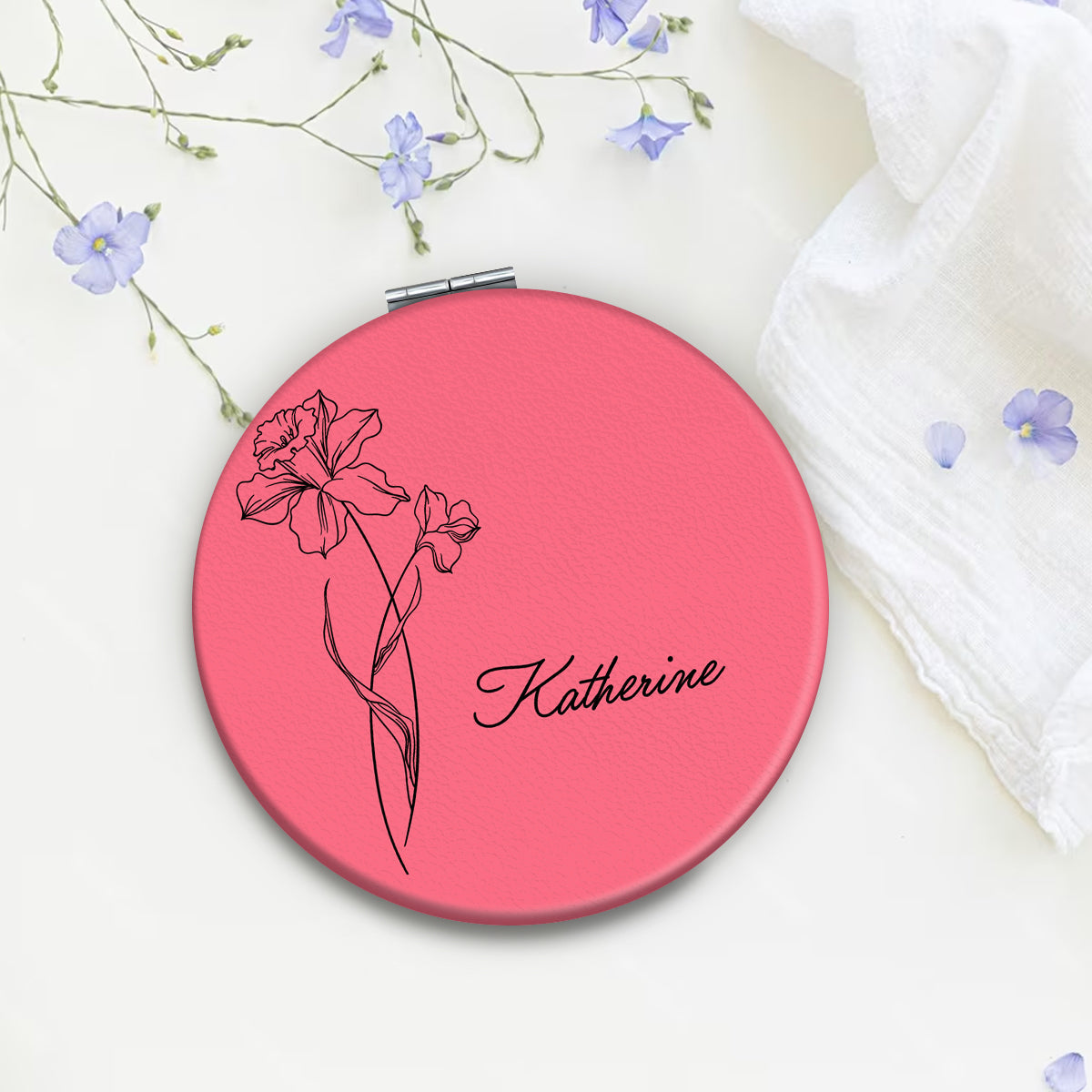 Birth Month Flower Personalized Circle Compact Mirror, Travel Size Mirror, Birthday Gifts, Birth Flower Gift