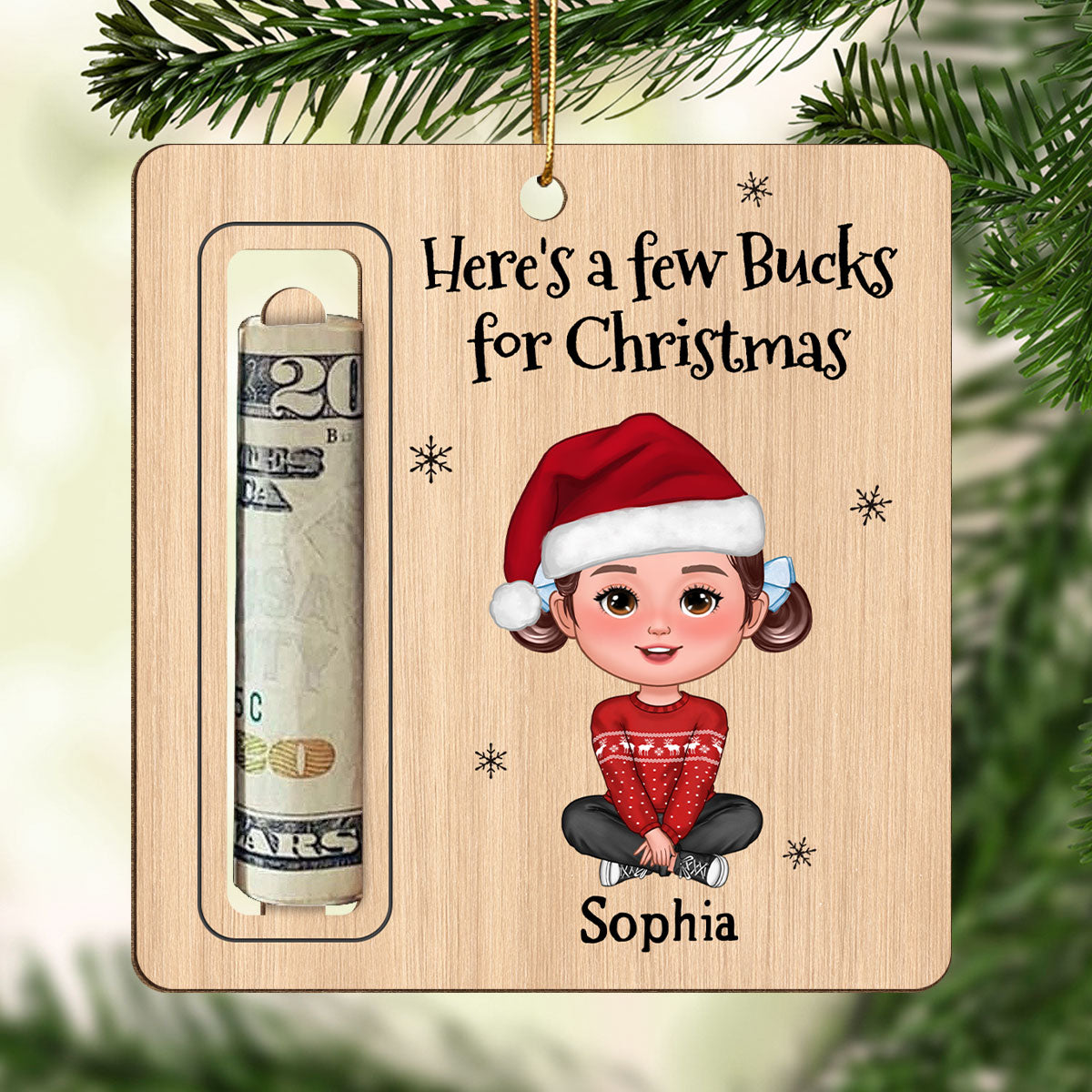 Here’s A Few Bucks for Christmas Cute Kid Personalized Holiday Money Holder Ornament