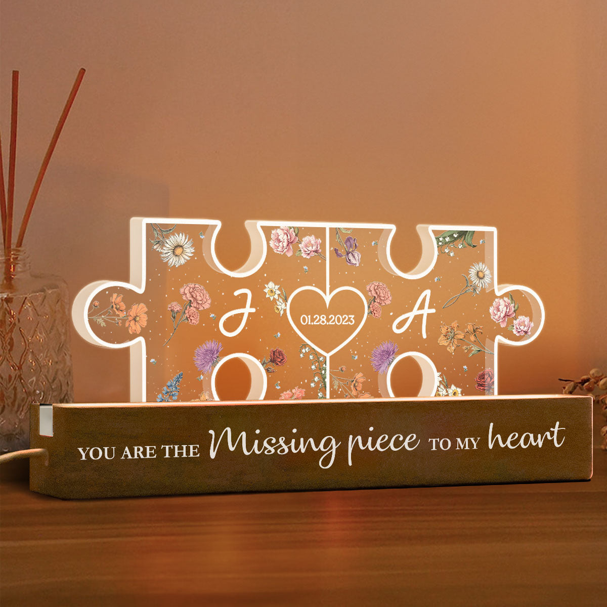 Couple Initials Puzzle Pieces Floral Theme  Gift Personalized Acrylic Block LED Night Light