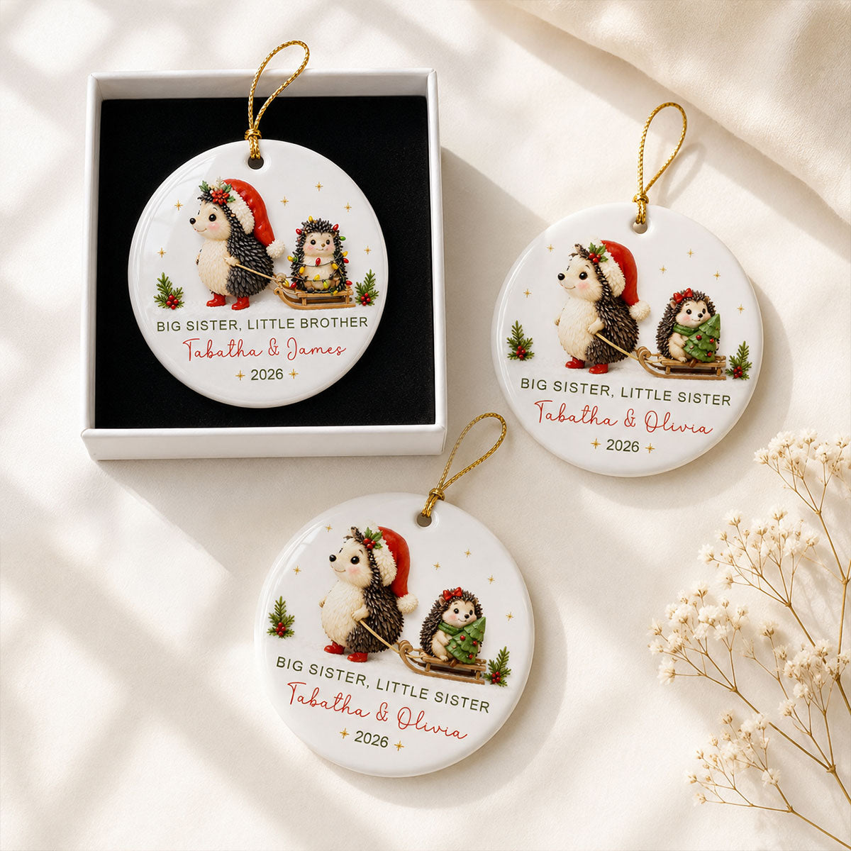 Big Sister Little Brother Sister Hedgehog 2D Flat - Personalized Ceramic Ornament - Christmas Keepsake